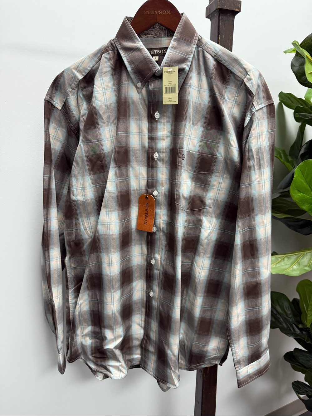 Stetson Men's Plaid Button-Down Shirt in Brown and Light Blue